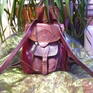 Unisex carryall backpack leather wine and brown genuine leather